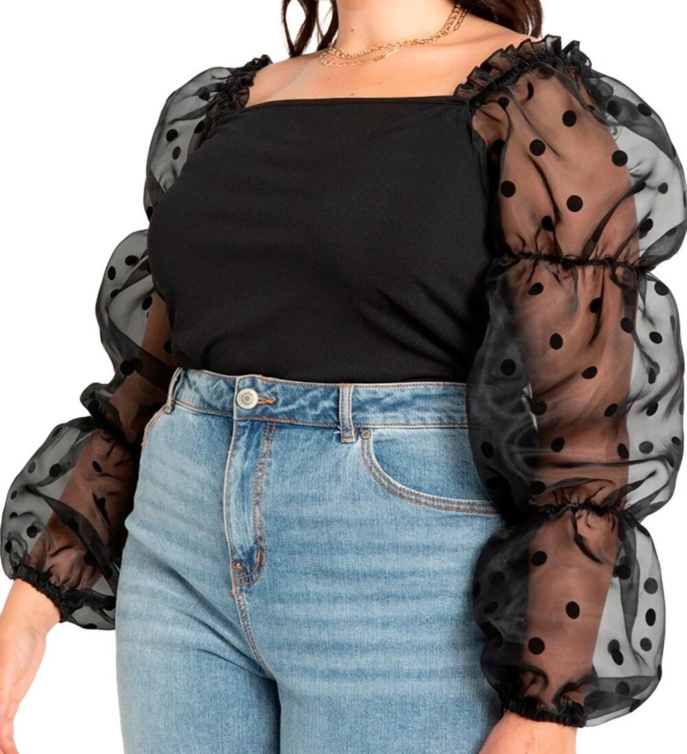 Eloquii Black Sheer Polka Dot Organza Puff Sleeve Top Plus Size 18/20